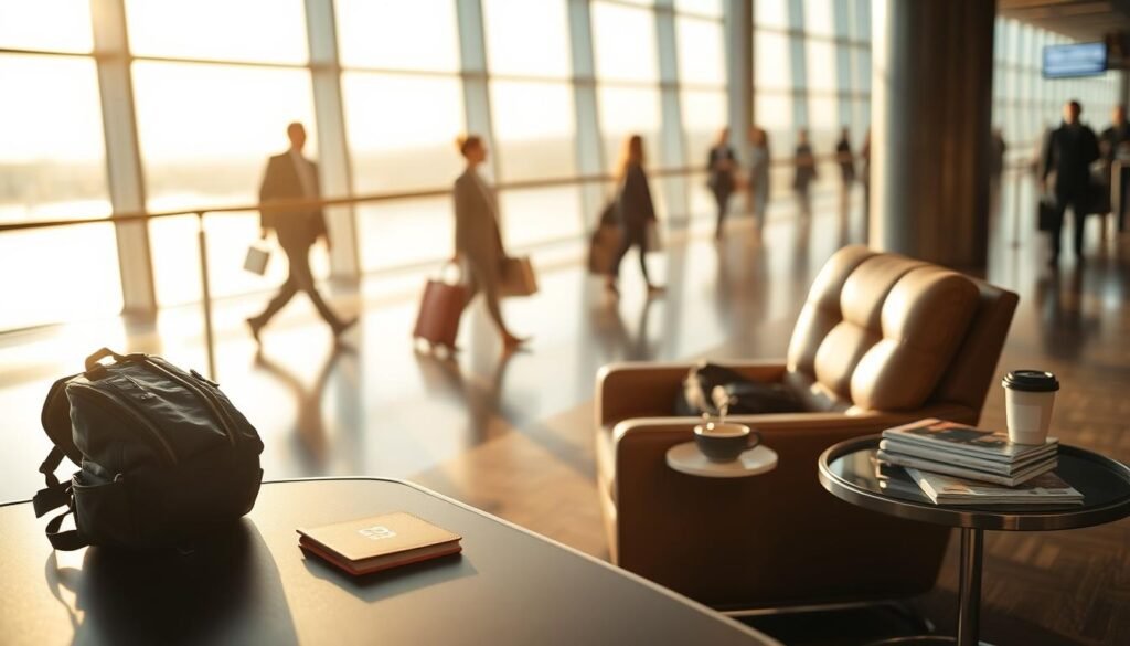 A serene airport lounge, bathed in warm, natural lighting from large windows. In the foreground, a traveler's backpack and passport sit atop a sleek, modern desk, hinting at the imminent departure. The middle ground features a plush leather armchair and a side table adorned with travel magazines, a laptop, and a steaming cup of coffee. In the background, silhouettes of fellow passengers move through the terminal, adding a sense of anticipation and global connectivity. The overall atmosphere conveys a balance of productivity, relaxation, and the excitement of planning one's next journey using travel rewards strategies. A serene airport lounge, bathed in warm, natural lighting from large windows. In the foreground, a traveler's backpack and passport sit atop a sleek, modern desk, hinting at the imminent departure. The middle ground features a plush leather armchair and a side table adorned with travel magazines, a laptop, and a steaming cup of coffee. In the background, silhouettes of fellow passengers move through the terminal, adding a sense of anticipation and global connectivity. The overall atmosphere conveys a balance of productivity, relaxation, and the excitement of planning one's next journey using travel rewards strategies.