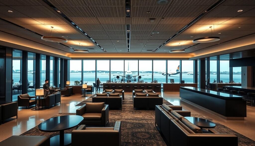 A sleek, modern airport lounge with an expansive open layout. The space is bathed in soft, diffused lighting from overhead fixtures, creating a warm and inviting ambiance. In the foreground, plush leather seating and elegant end tables are arranged in intimate conversational groups, while the middle ground features a long counter with multiple charging stations and high-speed internet access points. In the background, floor-to-ceiling windows offer sweeping views of the bustling airport tarmac, with aircraft taking off and landing in the distance. The overall atmosphere is one of relaxation and productivity, catering to the discerning needs of the modern traveler. A sleek, modern airport lounge with an expansive open layout. The space is bathed in soft, diffused lighting from overhead fixtures, creating a warm and inviting ambiance. In the foreground, plush leather seating and elegant end tables are arranged in intimate conversational groups, while the middle ground features a long counter with multiple charging stations and high-speed internet access points. In the background, floor-to-ceiling windows offer sweeping views of the bustling airport tarmac, with aircraft taking off and landing in the distance. The overall atmosphere is one of relaxation and productivity, catering to the discerning needs of the modern traveler.