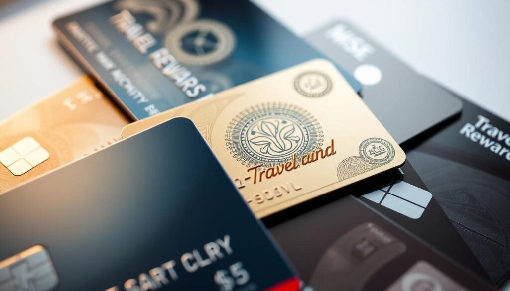 A close-up view of several glossy travel rewards credit cards arranged in an overlapping, layered composition. The cards feature intricate metallic designs, reflective surfaces, and distinct logos that represent different travel rewards programs. The cards are set against a soft, out-of-focus background with a subtle gradient, creating a sense of depth and a premium, high-end aesthetic. The lighting is carefully positioned to highlight the texture and details of the cards, casting subtle shadows and highlights. The overall mood is one of sophistication, luxury, and the promise of rewarding travel experiences. A close-up view of several glossy travel rewards credit cards arranged in an overlapping, layered composition. The cards feature intricate metallic designs, reflective surfaces, and distinct logos that represent different travel rewards programs. The cards are set against a soft, out-of-focus background with a subtle gradient, creating a sense of depth and a premium, high-end aesthetic. The lighting is carefully positioned to highlight the texture and details of the cards, casting subtle shadows and highlights. The overall mood is one of sophistication, luxury, and the promise of rewarding travel experiences.