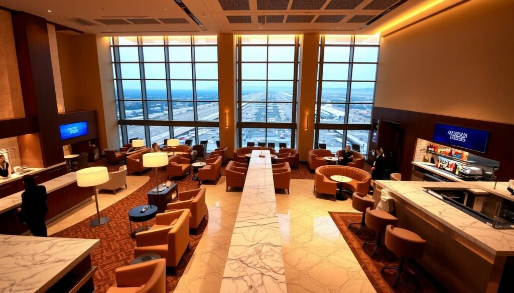 A luxurious, well-appointed American Express Platinum lounge, bathed in warm, ambient lighting. Spacious seating areas with plush armchairs and sofas invite guests to relax in comfort. Sleek marble countertops and polished wooden accents create an elegant, sophisticated atmosphere. A fully stocked bar offers a selection of premium beverages, while a gourmet buffet tempts the palate. Towering windows offer panoramic views of the bustling airport, heightening the sense of exclusivity and VIP treatment. Smartly dressed attendants are on hand to cater to every need, ensuring a seamless and indulgent experience for Platinum cardholders. A luxurious, well-appointed American Express Platinum lounge, bathed in warm, ambient lighting. Spacious seating areas with plush armchairs and sofas invite guests to relax in comfort. Sleek marble countertops and polished wooden accents create an elegant, sophisticated atmosphere. A fully stocked bar offers a selection of premium beverages, while a gourmet buffet tempts the palate. Towering windows offer panoramic views of the bustling airport, heightening the sense of exclusivity and VIP treatment. Smartly dressed attendants are on hand to cater to every need, ensuring a seamless and indulgent experience for Platinum cardholders.