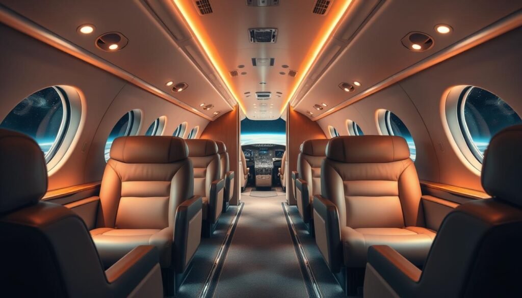 A spacious, luminous cabin interior with elegant leather seats and soft ambient lighting. The middle aisle leads to a sleek, modern galley and the cockpit beyond. The wide windows offer a panoramic view of the starry night sky and the curvature of the Earth below. The overall atmosphere evokes a sense of luxury, comfort, and the thrill of international travel. A high-quality wide-angle lens captures the scene with a crisp, cinematic quality. A spacious, luminous cabin interior with elegant leather seats and soft ambient lighting. The middle aisle leads to a sleek, modern galley and the cockpit beyond. The wide windows offer a panoramic view of the starry night sky and the curvature of the Earth below. The overall atmosphere evokes a sense of luxury, comfort, and the thrill of international travel. A high-quality wide-angle lens captures the scene with a crisp, cinematic quality.
