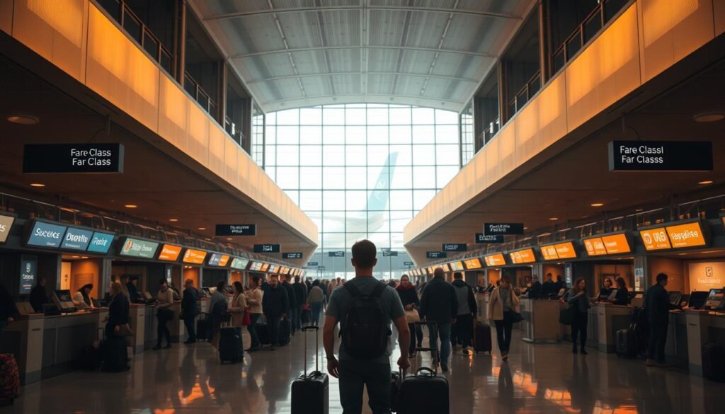 A bustling airport terminal with rows of fare class counters, each with distinct signage and branding. In the foreground, a lone traveler stands before a counter, surrounded by a sea of luggage and the hustle of other passengers. Warm, directional lighting illuminates the scene, casting shadows that accentuate the architectural elements. The middle ground features the various fare class stations, each with their own distinctive designs and queues of passengers. In the background, the terminal's high ceilings and expansive windows provide a sense of scale and a glimpse of the airplanes outside. The overall atmosphere conveys the thrum of activity and the subtle tension of navigating the complexities of airline travel as a solo passenger. A bustling airport terminal with rows of fare class counters, each with distinct signage and branding. In the foreground, a lone traveler stands before a counter, surrounded by a sea of luggage and the hustle of other passengers. Warm, directional lighting illuminates the scene, casting shadows that accentuate the architectural elements. The middle ground features the various fare class stations, each with their own distinctive designs and queues of passengers. In the background, the terminal's high ceilings and expansive windows provide a sense of scale and a glimpse of the airplanes outside. The overall atmosphere conveys the thrum of activity and the subtle tension of navigating the complexities of airline travel as a solo passenger.