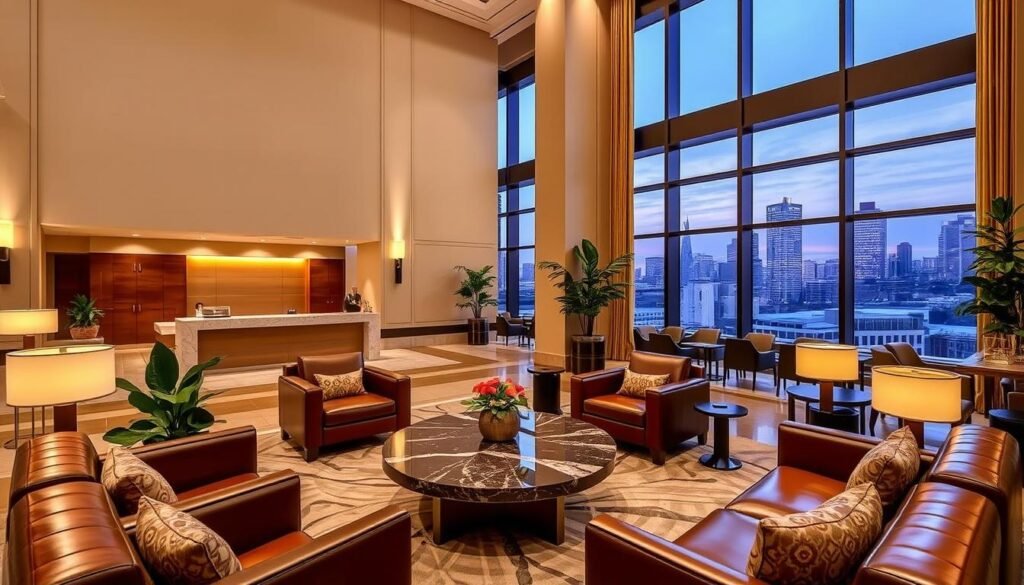 A luxurious hotel lobby and lounge with high ceilings, elegant furnishings, and a warm, inviting atmosphere. Plush leather armchairs and sofas surround a large, marble-topped coffee table, complemented by potted plants and soft, ambient lighting. In the background, a concierge desk stands ready to assist guests, while large windows offer a picturesque view of a bustling city skyline. The space exudes a sense of exclusivity and premium hospitality, catering to the needs of discerning travelers. A luxurious hotel lobby and lounge with high ceilings, elegant furnishings, and a warm, inviting atmosphere. Plush leather armchairs and sofas surround a large, marble-topped coffee table, complemented by potted plants and soft, ambient lighting. In the background, a concierge desk stands ready to assist guests, while large windows offer a picturesque view of a bustling city skyline. The space exudes a sense of exclusivity and premium hospitality, catering to the needs of discerning travelers.