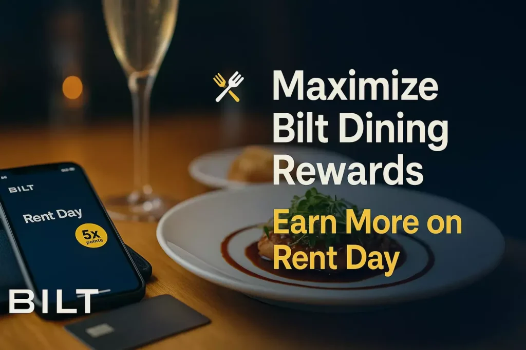 Maximize Bilt Dining Rewards: Earn More on Rent Day A phone displaying “Rent Day 5x points” sits next to a plate of food and glass of champagne. Text reads: “Maximize Bilt Dining Rewards—earn Bilt points faster during the statement period. Earn more on Rent Day.” BILT logo is in the corner.