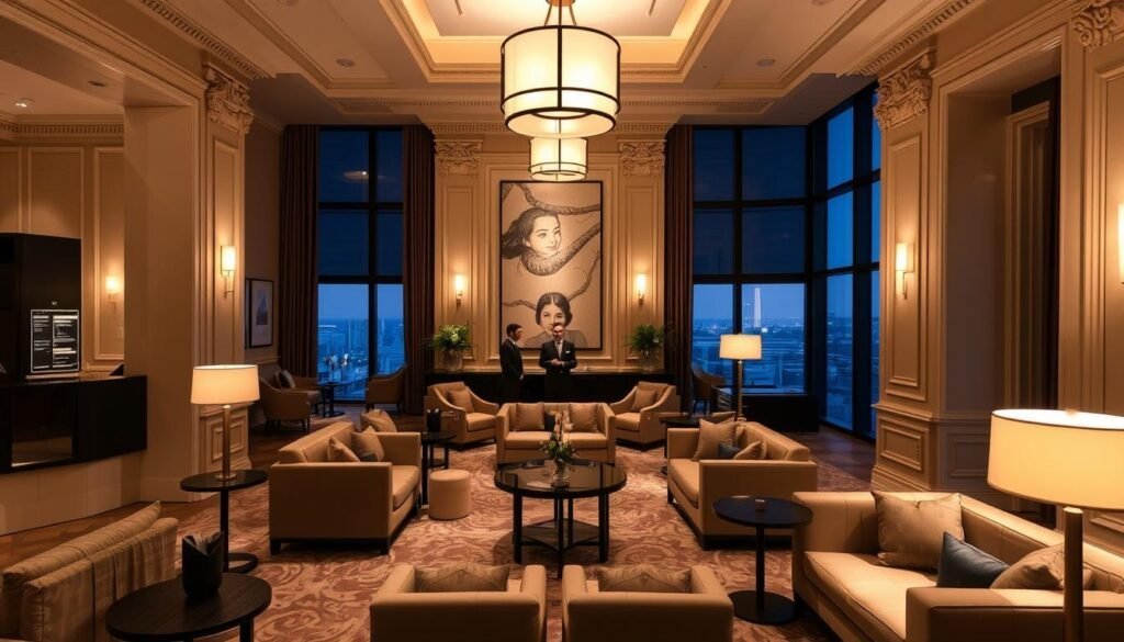 A modern, elegantly furnished lounge space with plush seating arrangements, warm lighting, and discreet service stations. The room is bathed in a soft, inviting ambiance, creating an exclusive atmosphere for elite hotel members. Ornate architectural details, such as decorative moldings and high ceilings, add a touch of refined luxury. Large windows offer panoramic views of the surrounding cityscape, blending the indoor and outdoor environments. Subtle, muted color palettes and high-end furnishings evoke a sense of refined sophistication. Professional, attentive staff members cater to the needs of guests, ensuring a seamless and comfortable experience. A modern, elegantly furnished lounge space with plush seating arrangements, warm lighting, and discreet service stations. The room is bathed in a soft, inviting ambiance, creating an exclusive atmosphere for elite hotel members. Ornate architectural details, such as decorative moldings and high ceilings, add a touch of refined luxury. Large windows offer panoramic views of the surrounding cityscape, blending the indoor and outdoor environments. Subtle, muted color palettes and high-end furnishings evoke a sense of refined sophistication. Professional, attentive staff members cater to the needs of guests, ensuring a seamless and comfortable experience.