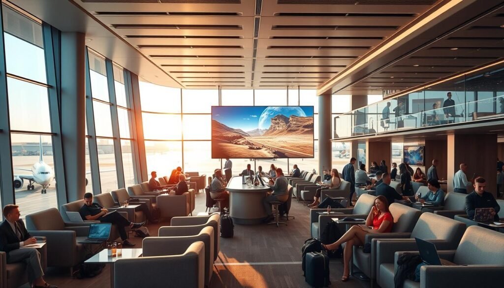 A modern, well-appointed airport lounge in the year 2025. The spacious, airy interior is bathed in warm, natural lighting from floor-to-ceiling windows overlooking the tarmac. Plush, ergonomic seating in neutral tones invites travelers to relax. A central bar offers a selection of high-end beverages and light snacks. In the background, a digital art display showcases a dynamic, ever-changing visual landscape. The atmosphere is calm and sophisticated, reflecting the elevated travel experience of the future. A mixture of business professionals and leisure travelers populate the lounge, each engaged in their own activities - working on laptops, reading, or simply gazing out at the bustling airport activity beyond. A modern, well-appointed airport lounge in the year 2025. The spacious, airy interior is bathed in warm, natural lighting from floor-to-ceiling windows overlooking the tarmac. Plush, ergonomic seating in neutral tones invites travelers to relax. A central bar offers a selection of high-end beverages and light snacks. In the background, a digital art display showcases a dynamic, ever-changing visual landscape. The atmosphere is calm and sophisticated, reflecting the elevated travel experience of the future. A mixture of business professionals and leisure travelers populate the lounge, each engaged in their own activities - working on laptops, reading, or simply gazing out at the bustling airport activity beyond.