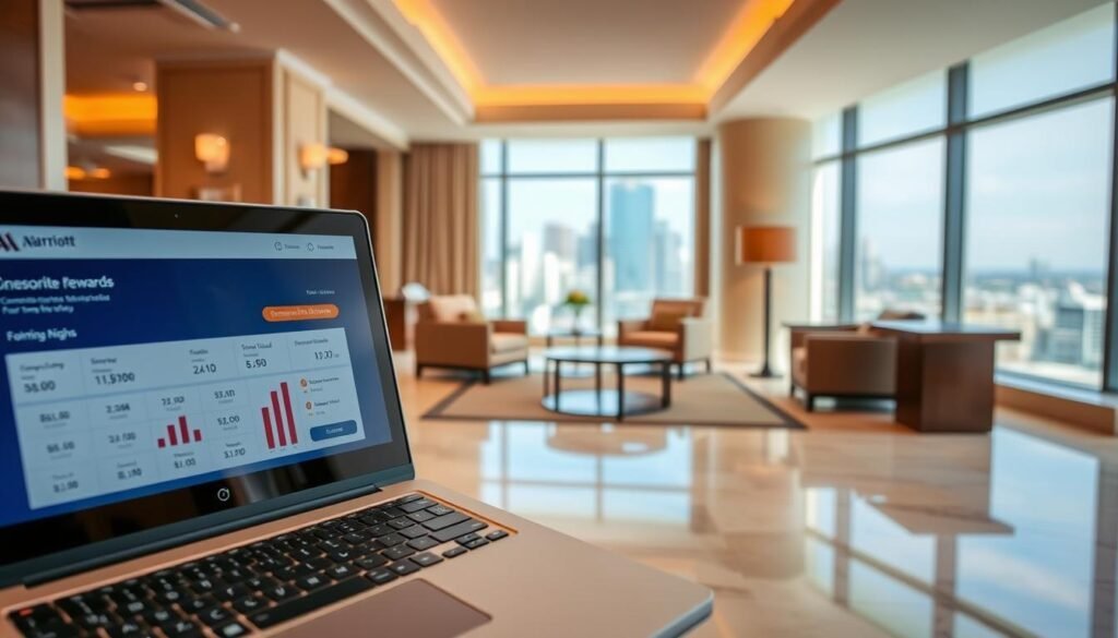 A serene hotel lobby with warm lighting and a polished marble floor. In the foreground, a laptop screen displays a Marriott Rewards dashboard, highlighting consecutive nights accumulated for an upcoming stay. The middle ground features plush armchairs and a coffee table, conveying a sense of relaxation and comfort. In the background, a large window offers a view of a bustling city skyline, suggesting the convenience and accessibility of the hotel. The overall scene evokes a feeling of seamless travel experiences and the rewards of loyal patronage. A serene hotel lobby with warm lighting and a polished marble floor. In the foreground, a laptop screen displays a Marriott Rewards dashboard, highlighting consecutive nights accumulated for an upcoming stay. The middle ground features plush armchairs and a coffee table, conveying a sense of relaxation and comfort. In the background, a large window offers a view of a bustling city skyline, suggesting the convenience and accessibility of the hotel. The overall scene evokes a feeling of seamless travel experiences and the rewards of loyal patronage.