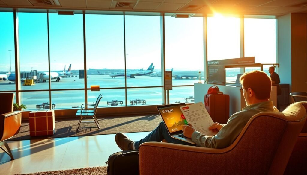 A vibrant, sun-drenched scene of a cozy airport lounge. In the foreground, a traveler sits comfortably in a plush chair, laptop open, reviewing credit card reward statements. The middle ground features a sleek, modern check-in counter, with airline logos and holiday-themed decor. In the background, a panoramic view of the tarmac, with planes taking off and landing against a backdrop of a clear, azure sky. Warm, diffused lighting creates a relaxed, inviting atmosphere, emphasizing the strategic and rewarding nature of holiday travel planning. A phone displaying “Rent Day 5x points” sits next to a plate of food and glass of champagne. Text reads: “Maximize Bilt Dining Rewards—earn Bilt points faster during the statement period. Earn more on Rent Day.” BILT logo is in the corner.