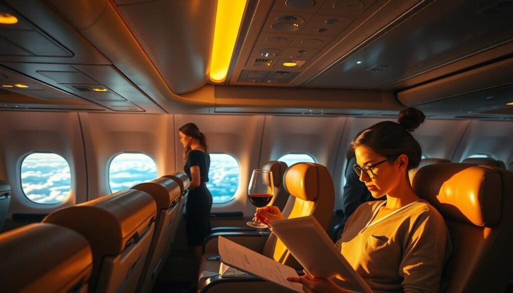 A well-appointed cabin with plush leather seating, overhead compartments, and sophisticated lighting. The scene is bathed in a warm, golden glow, creating a sense of comfort and exclusivity. In the foreground, a passenger reviews travel documents and sips a glass of fine wine, while the middle ground showcases a stewardess attending to their needs. The background reveals the cabin's panoramic windows, offering a breathtaking view of the clouds and the horizon beyond. The overall atmosphere conveys the premium experience of booking a coveted award seat. A well-appointed cabin with plush leather seating, overhead compartments, and sophisticated lighting. The scene is bathed in a warm, golden glow, creating a sense of comfort and exclusivity. In the foreground, a passenger reviews travel documents and sips a glass of fine wine, while the middle ground showcases a stewardess attending to their needs. The background reveals the cabin's panoramic windows, offering a breathtaking view of the clouds and the horizon beyond. The overall atmosphere conveys the premium experience of booking a coveted award seat.