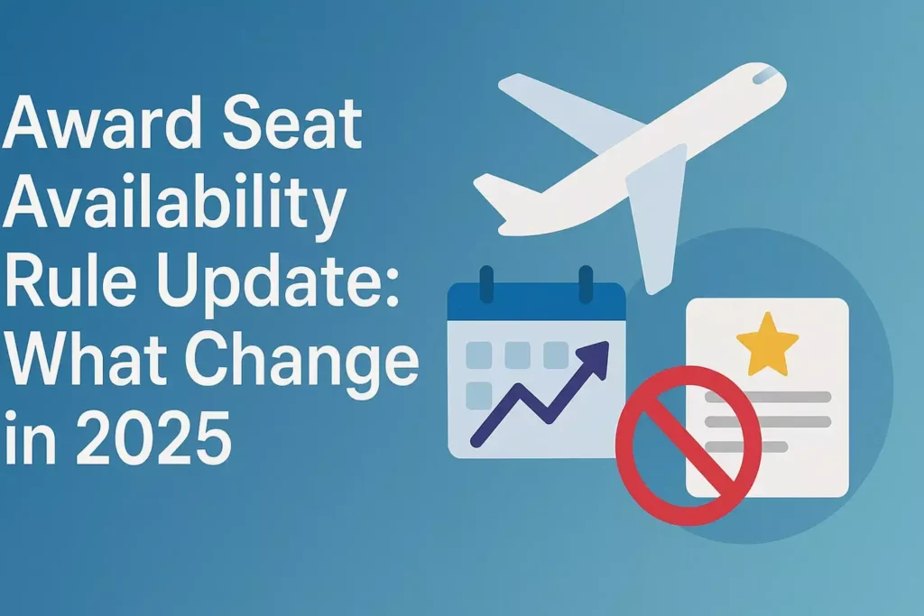 Award Seat Availability Rule Update: What Changed in 2025 Graphic with an airplane, a calendar showing an upward trend, and a document with a star and prohibition symbol. Text: Business class Award Seat Availability Rule Update—Why Award Seat Availability Rule Changed in 2025, affecting days before departure.