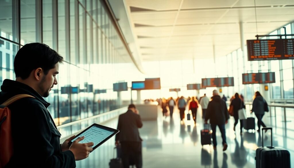 A crisp, sunlit airport terminal with sleek glass walls and modern architecture. In the foreground, a traveler studying a flight itinerary, their face lit by the glow of a tablet. In the middle ground, a crowd of passengers walking purposefully towards their gates, luggage in hand. The background features rows of departure boards displaying flight details, with a sense of movement and efficiency. The lighting is clean and bright, conveying a sense of energy and anticipation. The overall scene captures the benefits of positioning flights, with the traveler accessing valuable information and navigating the terminal seamlessly. A crisp, sunlit airport terminal with sleek glass walls and modern architecture. In the foreground, a traveler studying a flight itinerary, their face lit by the glow of a tablet. In the middle ground, a crowd of passengers walking purposefully towards their gates, luggage in hand. The background features rows of departure boards displaying flight details, with a sense of movement and efficiency. The lighting is clean and bright, conveying a sense of energy and anticipation. The overall scene captures the benefits of positioning flights, with the traveler accessing valuable information and navigating the terminal seamlessly.