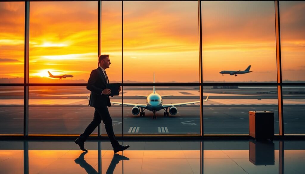 A sleek, modern business airport terminal with floor-to-ceiling windows overlooking a busy tarmac. Jetliners glide gracefully onto the runway, silhouetted against a vibrant sunset sky. In the foreground, a well-dressed executive strides purposefully through the terminal, laptop in hand, reflecting the fast-paced, global nature of contemporary business travel. Indirect lighting casts a warm glow, creating a sense of efficiency and professionalism. The overall scene conveys the dynamism, connectivity, and cosmopolitan spirit of the modern business travel experience. A sleek, modern business airport terminal with floor-to-ceiling windows overlooking a busy tarmac. Jetliners glide gracefully onto the runway, silhouetted against a vibrant sunset sky. In the foreground, a well-dressed executive strides purposefully through the terminal, laptop in hand, reflecting the fast-paced, global nature of contemporary business travel. Indirect lighting casts a warm glow, creating a sense of efficiency and professionalism. The overall scene conveys the dynamism, connectivity, and cosmopolitan spirit of the modern business travel experience.