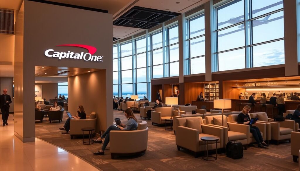 A spacious, modern lounge with plush seating and warm lighting. The entrance features a sleek, minimalist design with the Capital One logo prominently displayed. Inside, the lounge has a stylish, sophisticated ambiance, with high ceilings, large windows offering scenic views, and contemporary furnishings in neutral tones. Travelers relax on comfortable sofas and armchairs, some working on laptops while others enjoy complimentary refreshments from the well-stocked bar. The atmosphere is calm and inviting, catering to the needs of weary passengers seeking a comfortable respite from their journey. A spacious, modern lounge with plush seating and warm lighting. The entrance features a sleek, minimalist design with the Capital One logo prominently displayed. Inside, the lounge has a stylish, sophisticated ambiance, with high ceilings, large windows offering scenic views, and contemporary furnishings in neutral tones. Travelers relax on comfortable sofas and armchairs, some working on laptops while others enjoy complimentary refreshments from the well-stocked bar. The atmosphere is calm and inviting, catering to the needs of weary passengers seeking a comfortable respite from their journey.