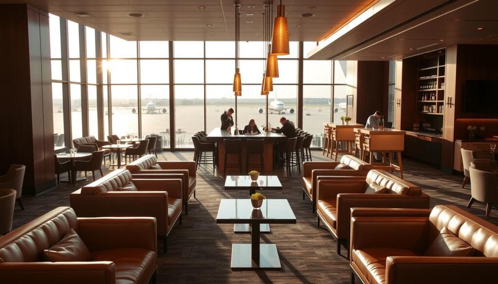 A stylish and modern airport lounge, filled with an atmosphere of sophistication and comfort. The foreground features plush leather seating arrangements, accented by sleek wooden tables and minimalist decor. The middle ground showcases a central bar area, with bartenders skillfully crafting cocktails under the warm glow of pendant lighting. In the background, floor-to-ceiling windows offer a panoramic view of the bustling airport tarmac, bathed in the soft, natural light of the afternoon sun. The overall scene conveys a sense of relaxation and exclusivity, befitting the premium experience expected from the Capital One VentureX Lounge. A stylish and modern airport lounge, filled with an atmosphere of sophistication and comfort. The foreground features plush leather seating arrangements, accented by sleek wooden tables and minimalist decor. The middle ground showcases a central bar area, with bartenders skillfully crafting cocktails under the warm glow of pendant lighting. In the background, floor-to-ceiling windows offer a panoramic view of the bustling airport tarmac, bathed in the soft, natural light of the afternoon sun. The overall scene conveys a sense of relaxation and exclusivity, befitting the premium experience expected from the Capital One VentureX Lounge.