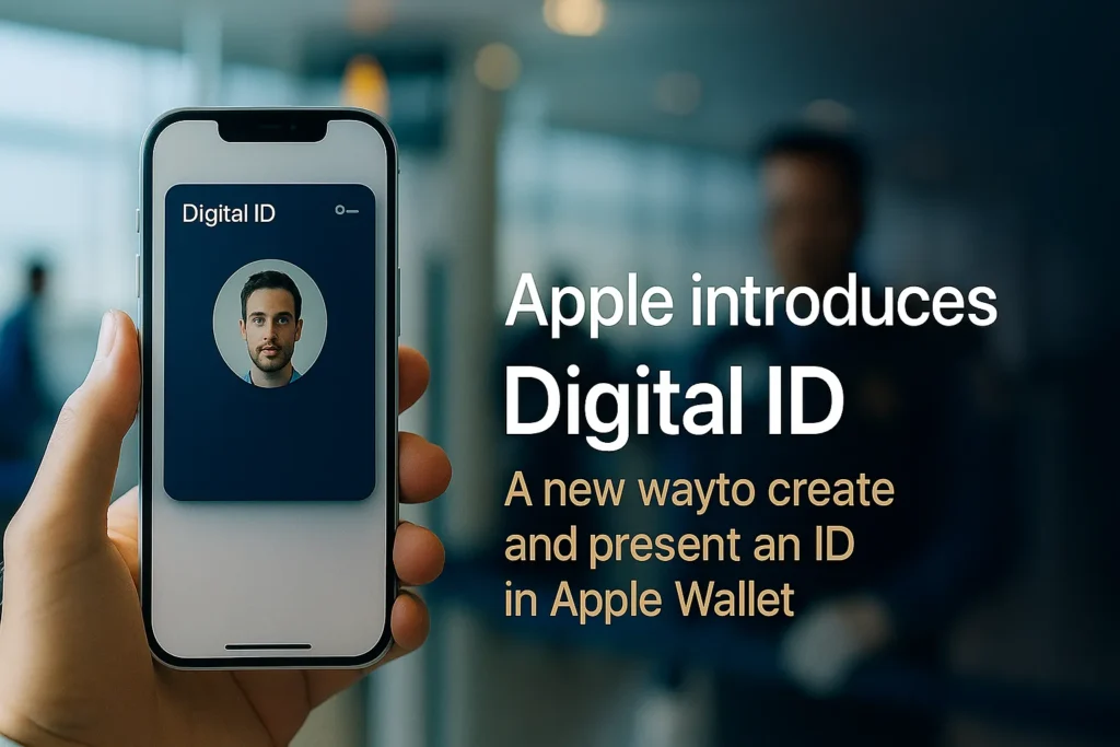 Apple introduces Digital ID, a new way to create and present an ID in Apple Wallet A hand holds an iPhone displaying a digital ID with a man's photo. Text beside the phone reads: Apple introduces Digital ID—a new way to create and present an ID in Apple Wallet, coming soon to iPhone and Apple Watch.