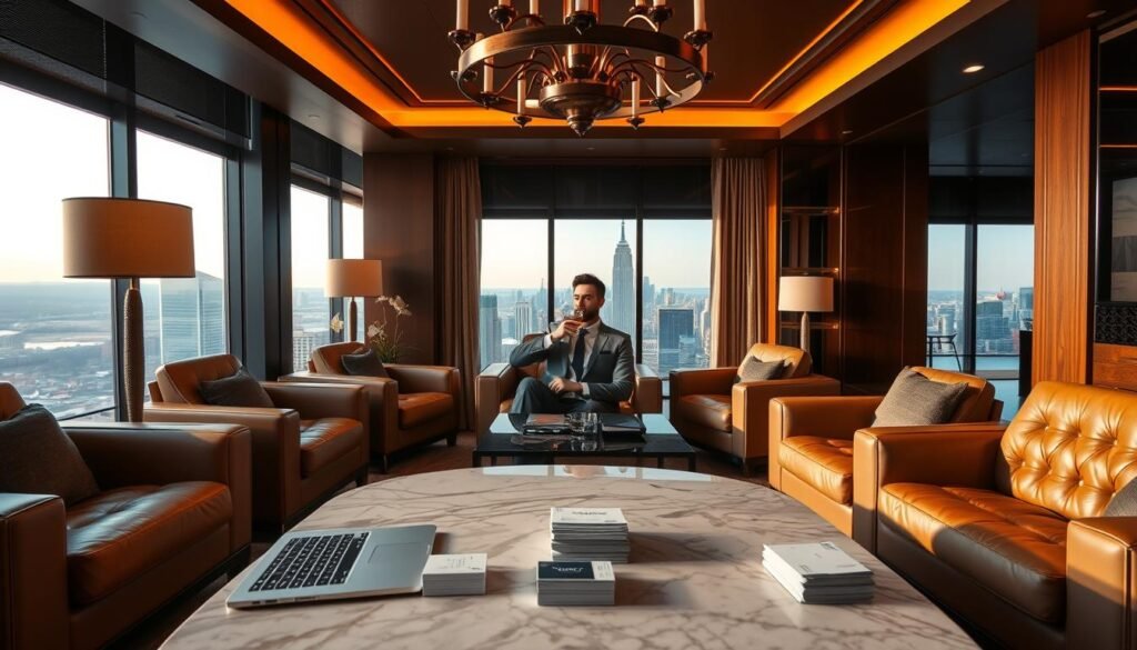 A sleek, modern business traveler's lounge with plush leather armchairs, a marble-topped coffee table, and an elaborate chandelier overhead. Soft, warm lighting creates a cozy, upscale ambiance. In the foreground, a laptop and a stack of business cards rest on the table, symbolizing the productive side-hustle work being done. In the middle ground, a well-dressed business traveler relaxes with a glass of whiskey, taking a break from their entrepreneurial endeavors. The background features floor-to-ceiling windows offering a panoramic view of a bustling cityscape, hinting at the luxurious travel experiences made possible by savvy business credit card rewards. A sleek, modern business traveler's lounge with plush leather armchairs, a marble-topped coffee table, and an elaborate chandelier overhead. Soft, warm lighting creates a cozy, upscale ambiance. In the foreground, a laptop and a stack of business cards rest on the table, symbolizing the productive side-hustle work being done. In the middle ground, a well-dressed business traveler relaxes with a glass of whiskey, taking a break from their entrepreneurial endeavors. The background features floor-to-ceiling windows offering a panoramic view of a bustling cityscape, hinting at the luxurious travel experiences made possible by savvy business credit card rewards.