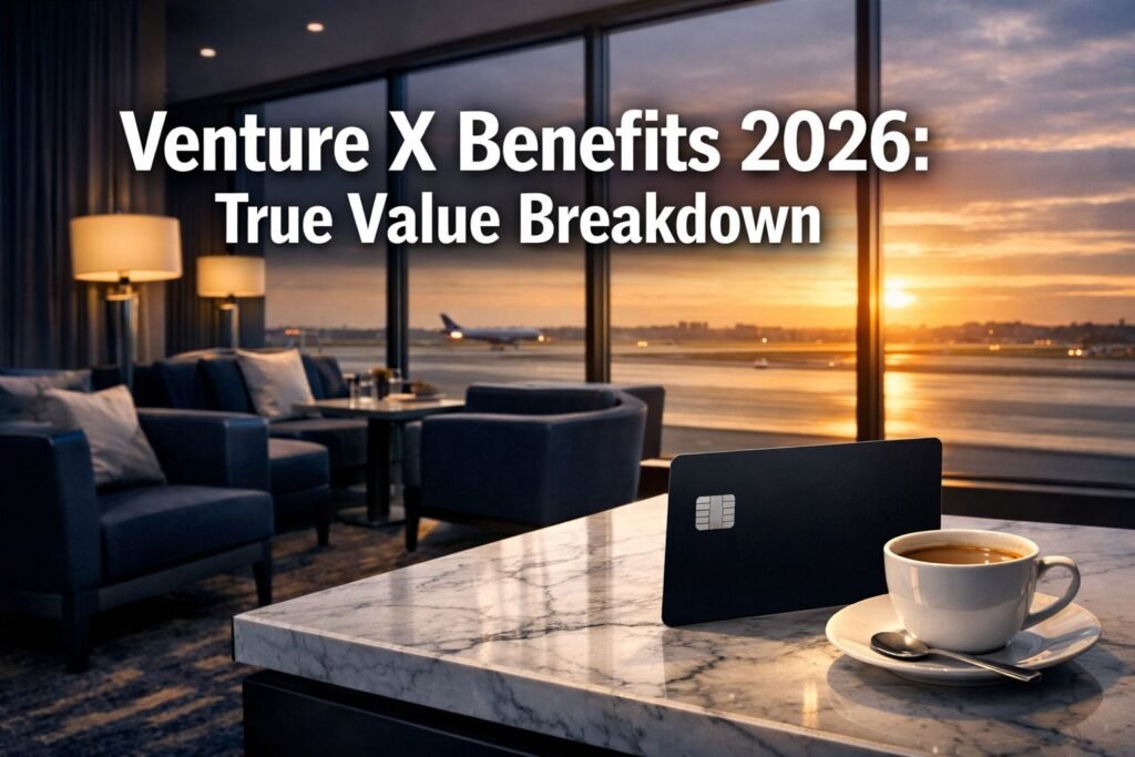 Capital One Venture X Benefits 2026: $300 Credit, Lounges, and True Value A luxurious airport lounge at sunset with a marble table, coffee cup, credit card, and runway view. Text reads, “Venture X Benefits 2026: True Value Breakdown.”.