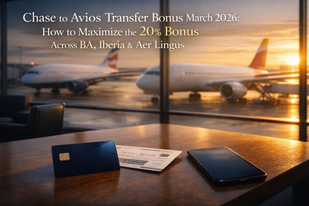 Chase to Avios March 2026: 20% transfer bonus across British Airways, Iberia & Aer Lingus A credit card, boarding pass, and smartphone rest on an airport lounge table with two airplanes visible through large windows at sunrise. Text about a Chase to Avios 20% transfer bonus is overlaid at the top, perfect for British Airways travelers.