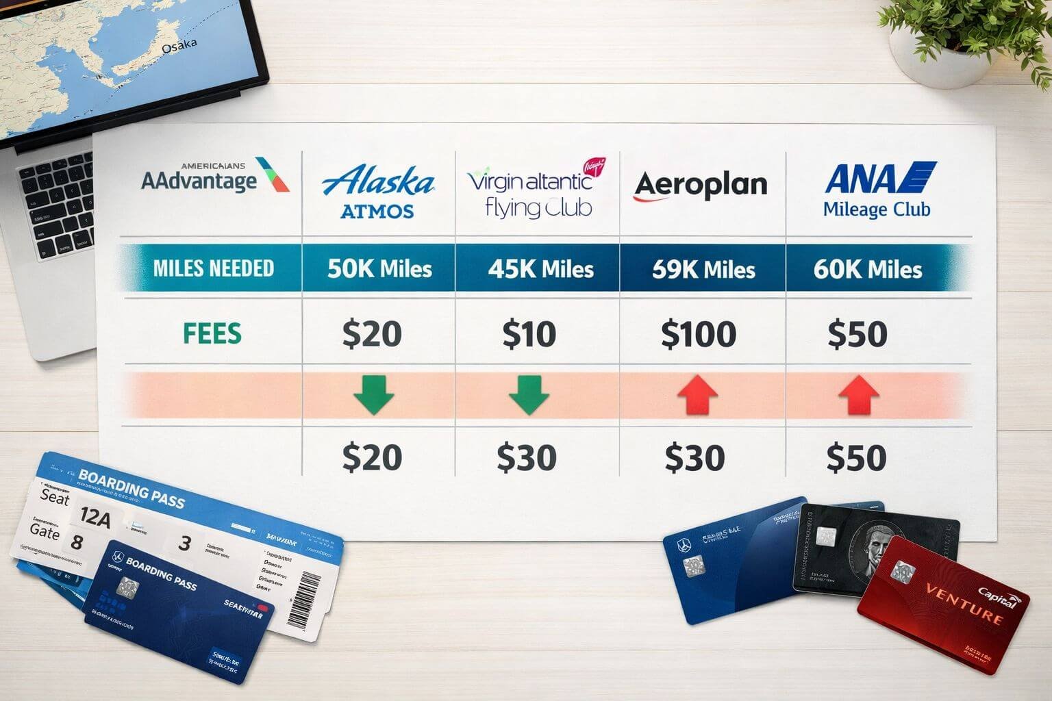 Best Points for Business Class to Japan in 2026 (Without Crazy Surcharges) () editorial infographic-style image showing a comparison table visual of five airline loyalty program logos (AAdvantage,