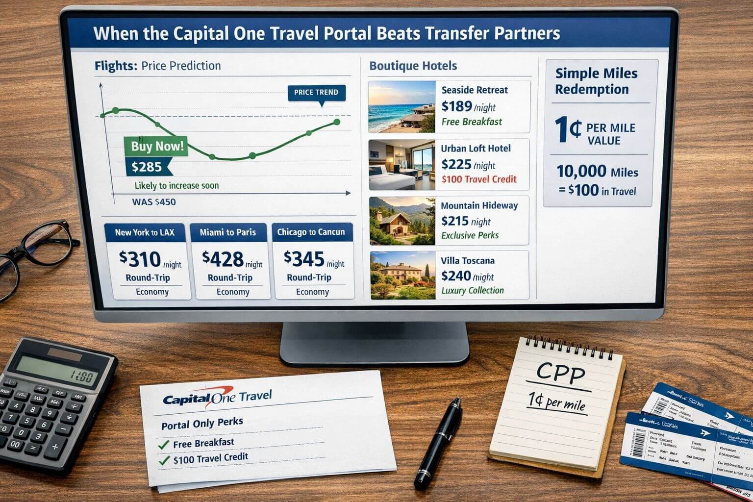 Capital One Travel vs Transfer Partners: When the Portal Wins in 2026 () editorial infographic scene focused on when the Capital One Travel portal beats transfer partners. Show a computer