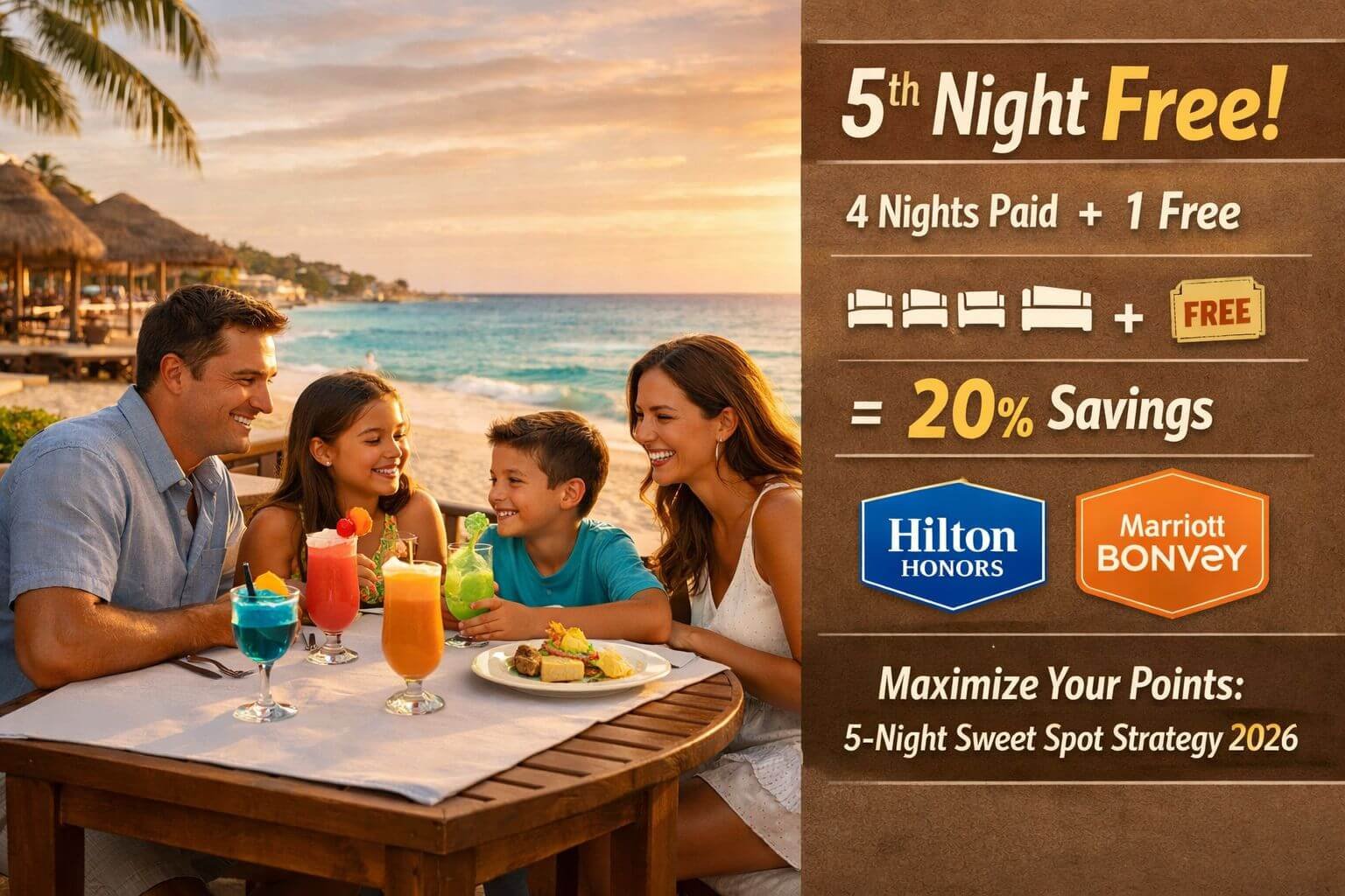 Best All-Inclusive Mexico & Caribbean Resorts to Book With Points in 2026 Landscape format (1536x1024) editorial image showing a family of four at a Caribbean all-inclusive resort — parents and two children at a be