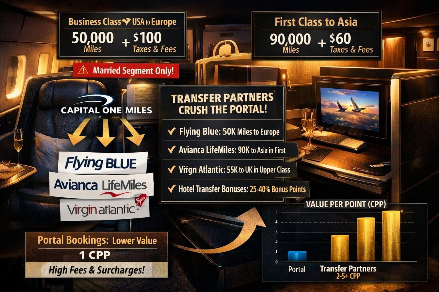 Capital One Travel vs Transfer Partners: When the Portal Wins in 2026 () editorial comparison image focused on when transfer partners crush portal redemptions. Show a dramatic premium cabin