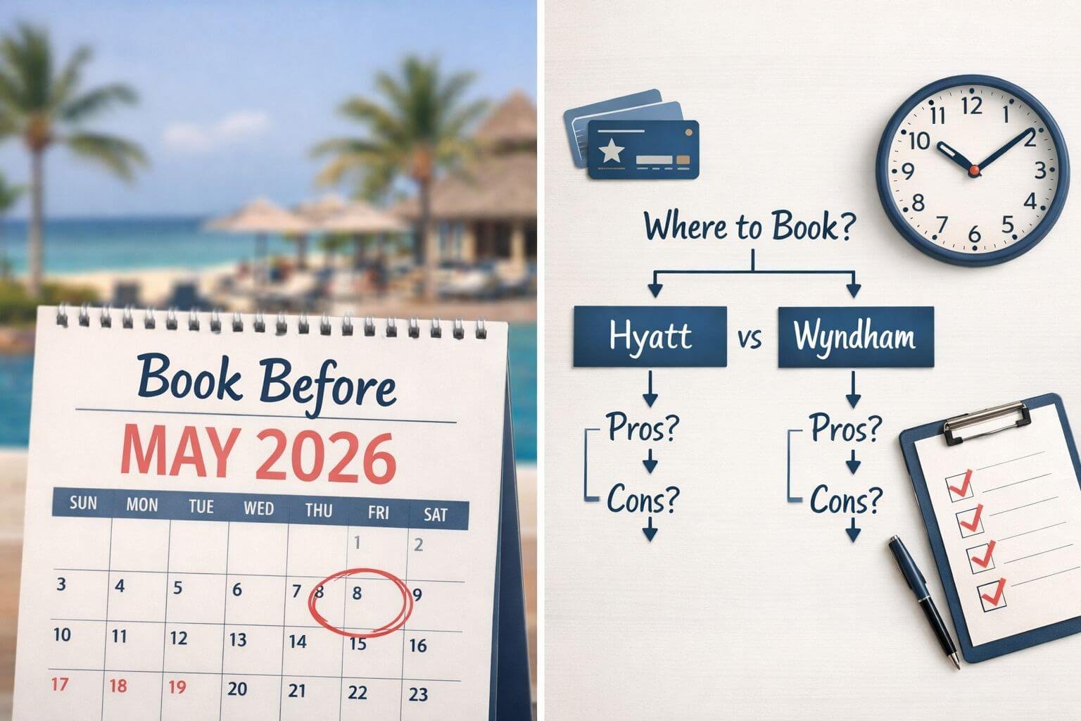 Hyatt All-Inclusive Award Chart 2026: Best A–F Sweet Spots After the Five-Tier Pricing Change () split-screen conceptual image: left side shows a calendar page marked 'Book Before May 2026' with a Mexican beach resort