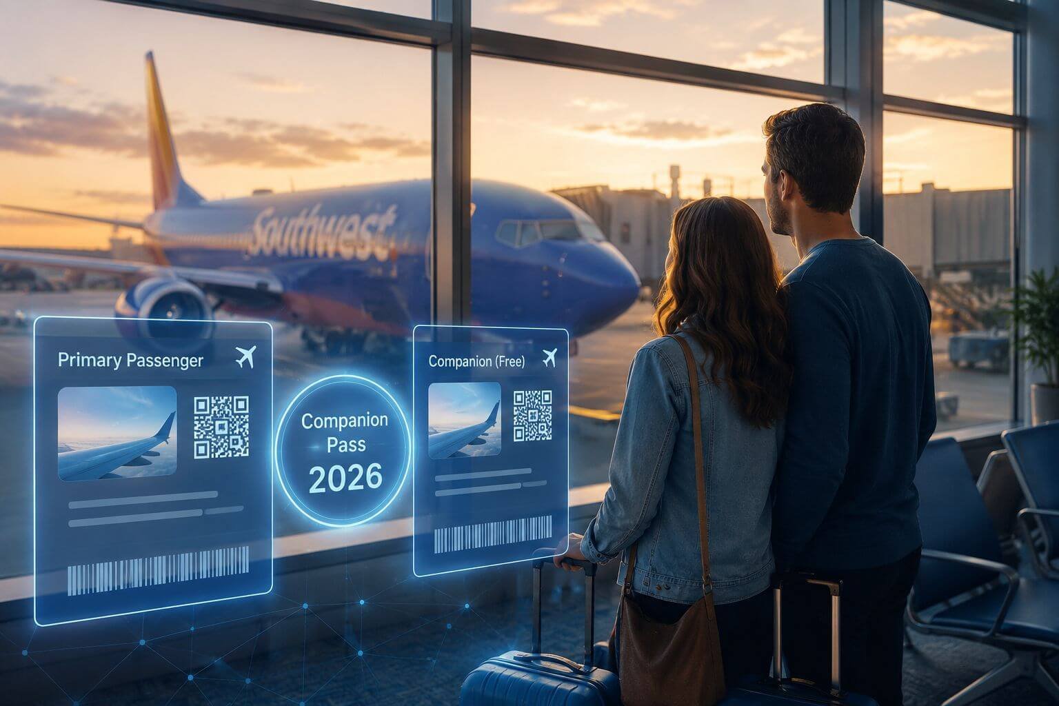 Chase Ultimate Rewards to Southwest 30% Transfer Bonus 2026: Are Companion Pass Redemptions Worth It? Landscape conceptual image of a couple standing at an airport gate window watching a Southwest 737 board, with overlaid