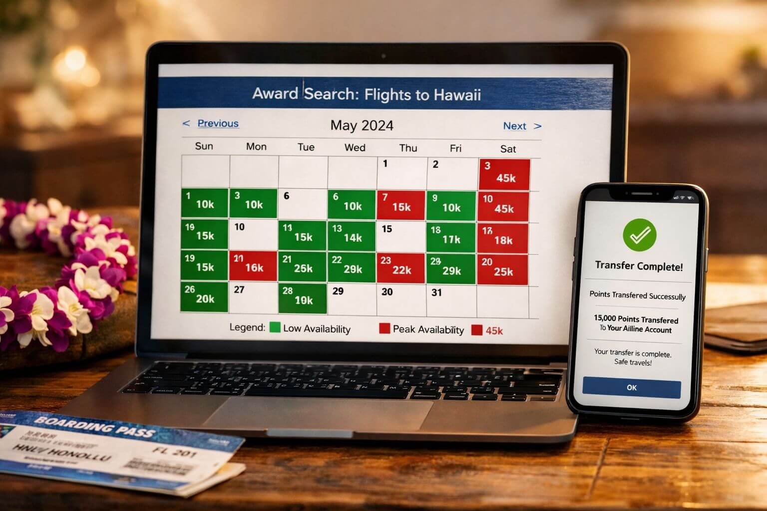 Flights to Hawaii with Points: Best Programs & Sweet Spots Detailed () image of a laptop screen on a wooden desk displaying an airline award search calendar with green highlighted