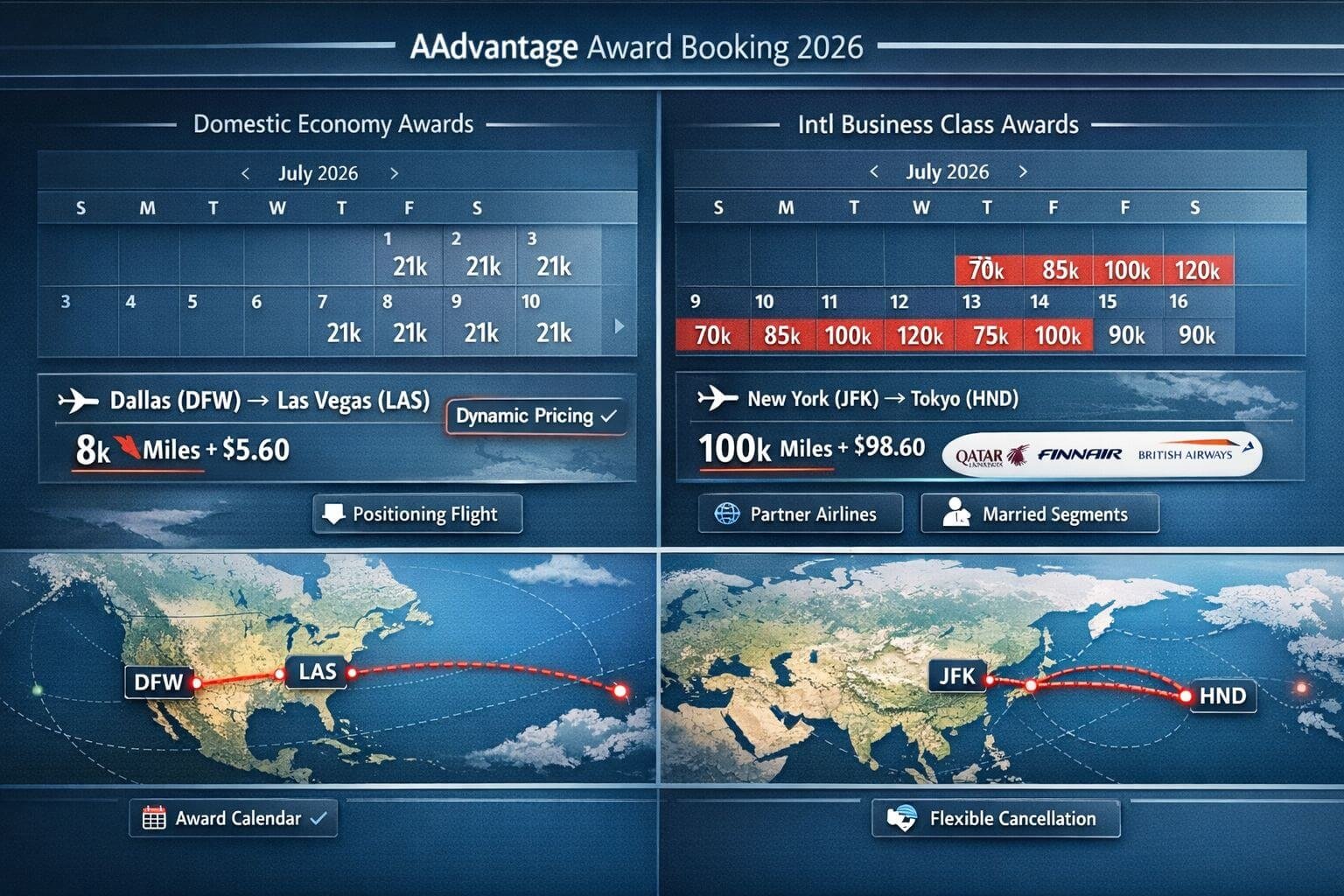 AAdvantage Program Guide 2026: How American Airlines Miles Work Editorial booking strategy image for redeeming AAdvantage miles in 2026. Show a split-screen travel search interface with