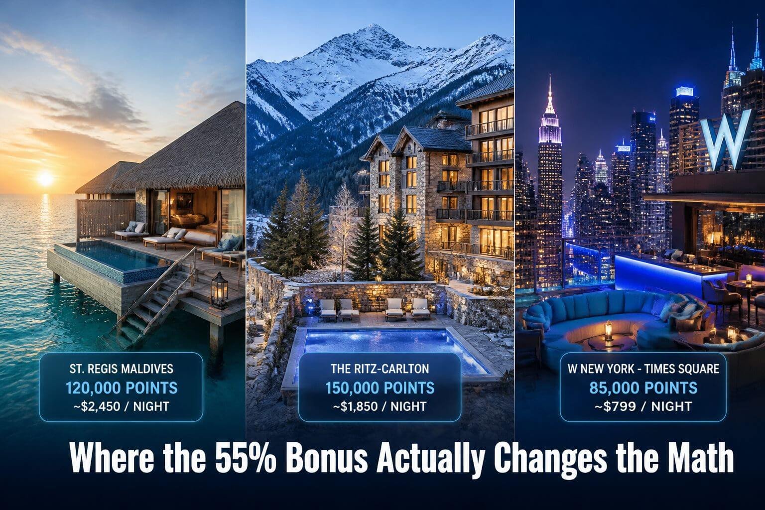 Chase to Marriott 55% Transfer Bonus: Best Redemptions to Book Before June 30, 2026 () split-scene travel photography showing three distinct luxury Marriott property vignettes arranged in a triptych: left