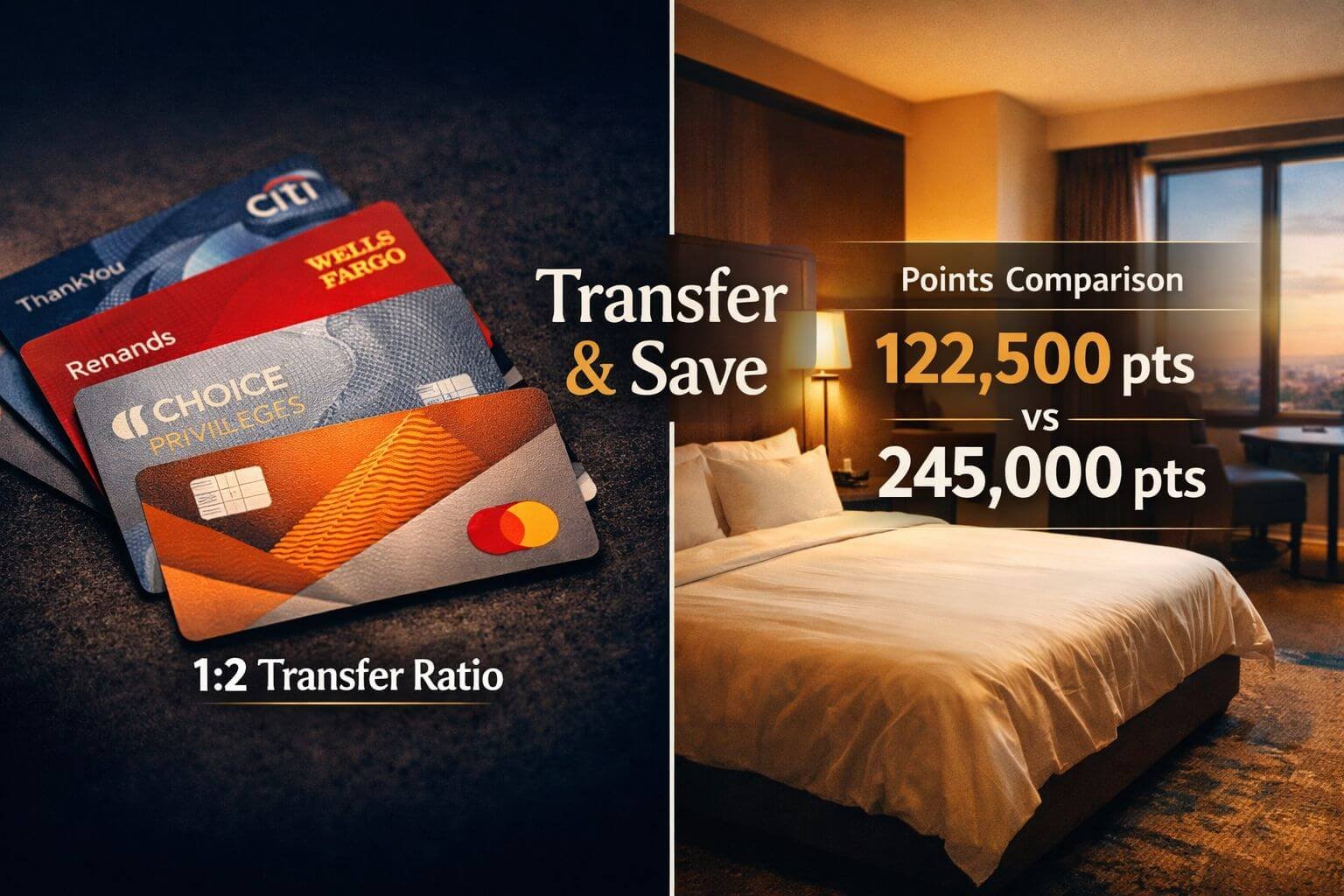 Choice Privileges Titanium Travel Award: How to Maximize the New 50% Off 7-Night Benefit () split-screen decision framework graphic: left panel shows a stack of Citi ThankYou, Wells Fargo Rewards, and Choice