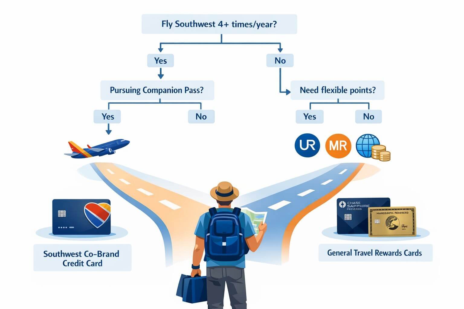 Is the Southwest Credit Card Annual Fee Worth It in 2026? () decision flowchart illustration showing a traveler at a crossroads choosing between a Southwest co-brand credit card path