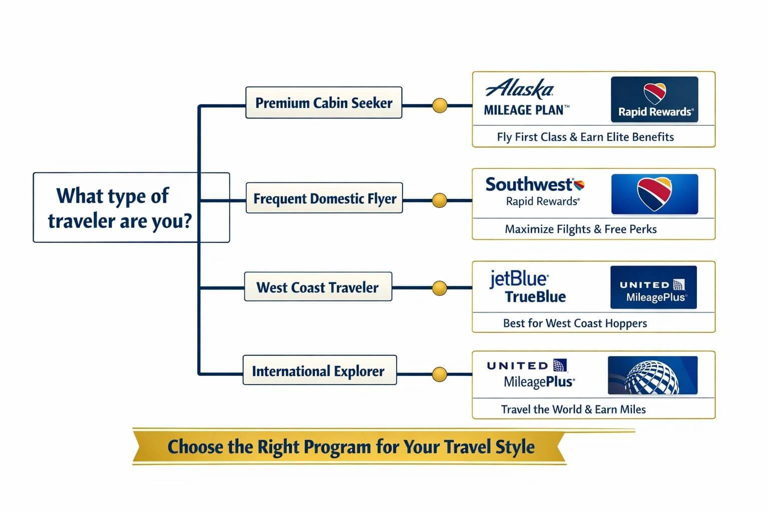 Which Airline Has the Best Rewards Program in 2026? () decision-tree flowchart illustration on a clean white background showing branching paths from a central question: 'What