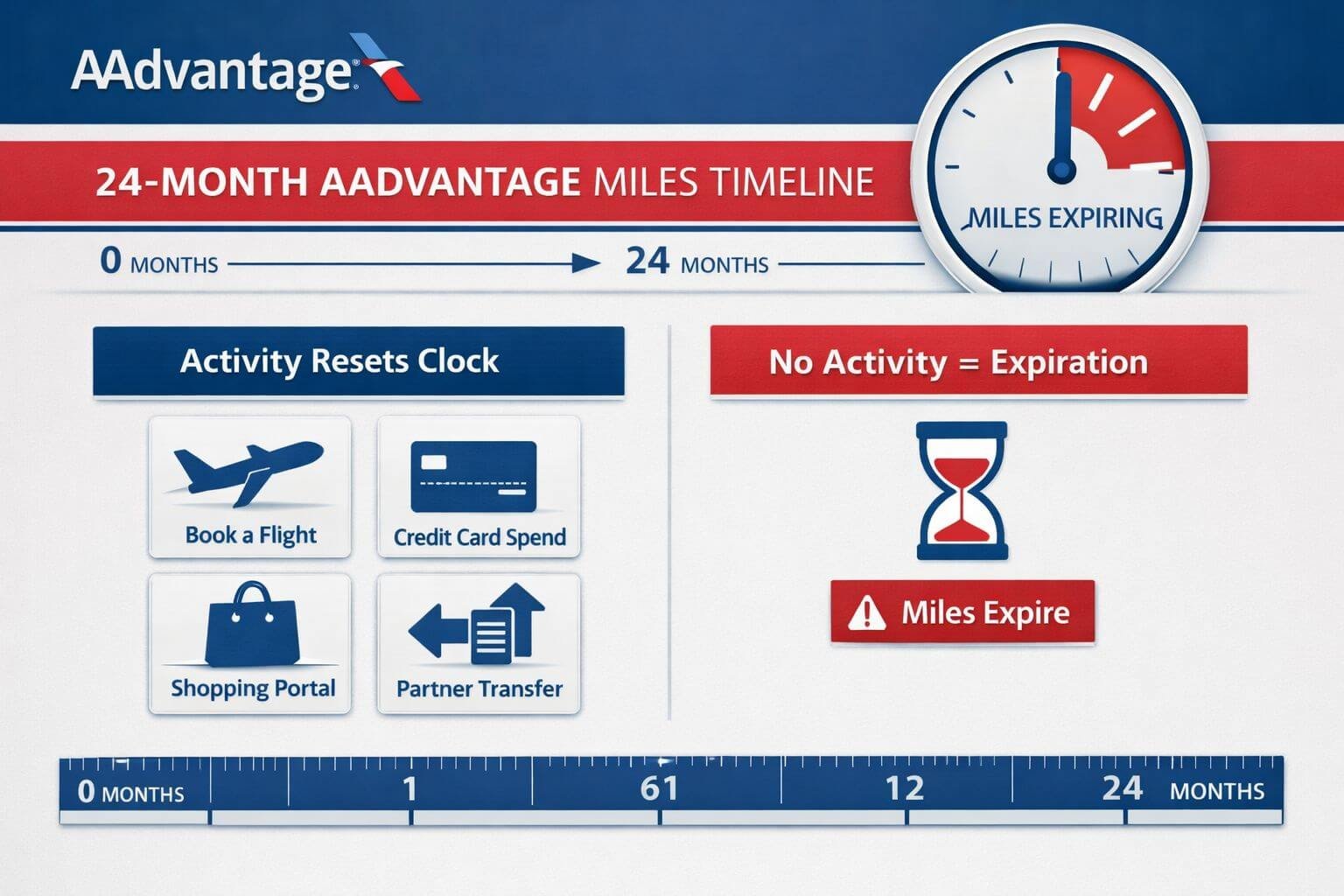 Do American Airlines Miles Expire? Detailed () infographic-style illustration showing a 24-month timeline calendar with AAdvantage miles logo, a clock icon