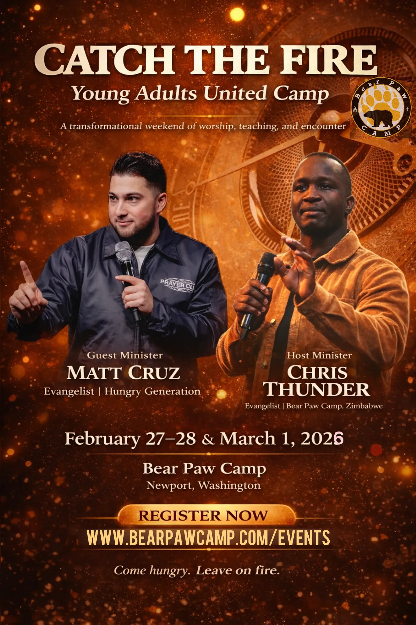 photo-output Two men, guest minister Matt Cruz and host minister Chris Thunder, speak on stage at a church event called "Catch The Fire: Young Adults United Camp" at Bear Paw Camp. Event details are provided below.