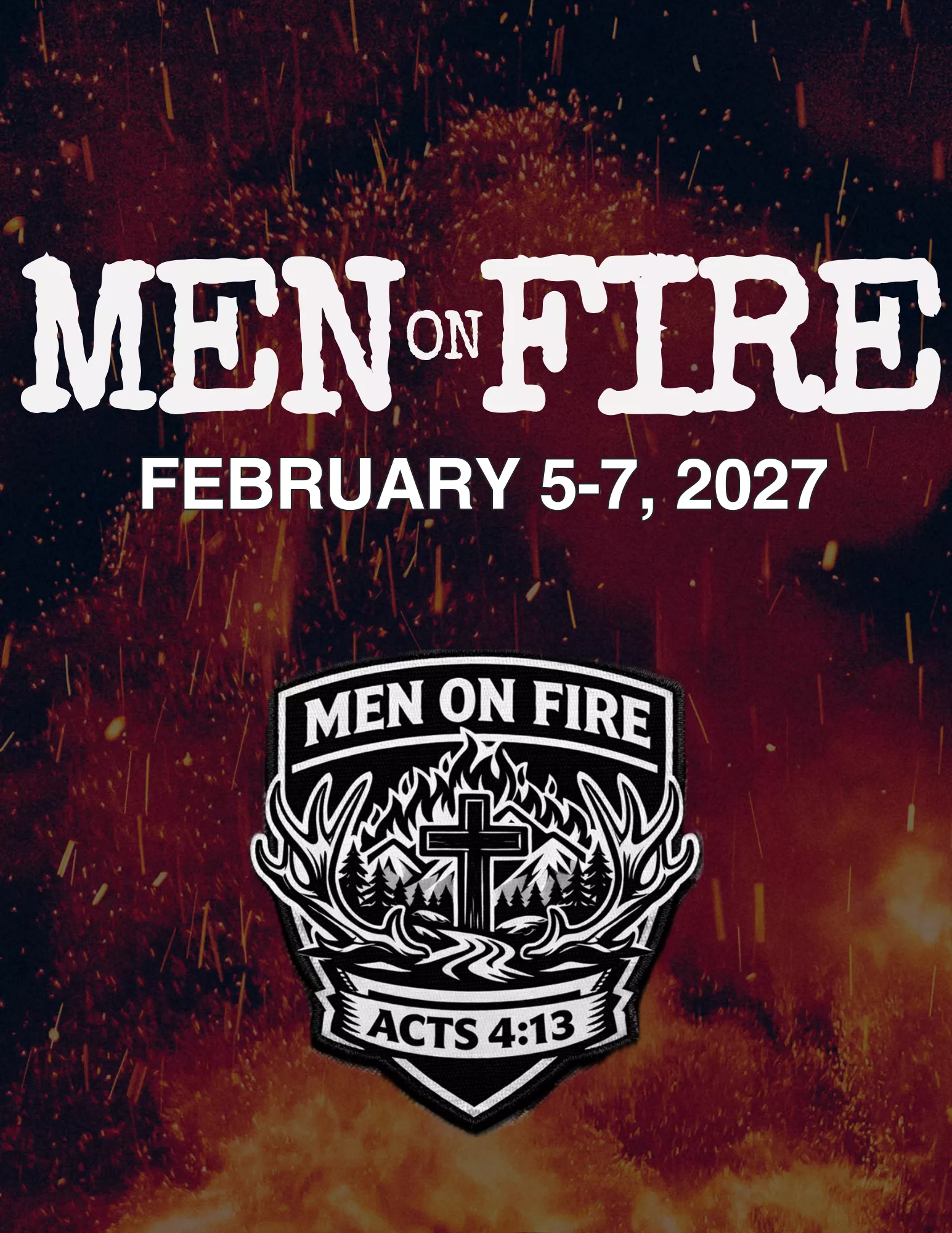 2 Two men, guest minister Matt Cruz and host minister Chris Thunder, speak on stage at a church event called "Catch The Fire: Young Adults United Camp" at Bear Paw Camp. Event details are provided below.