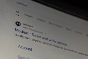 Image-1 shows a computer screen with a Google search result for "Medium," featuring the Medium website link and the description: "Medium: Read and write stories. On Medium, anyone can share insightful perspectives.
