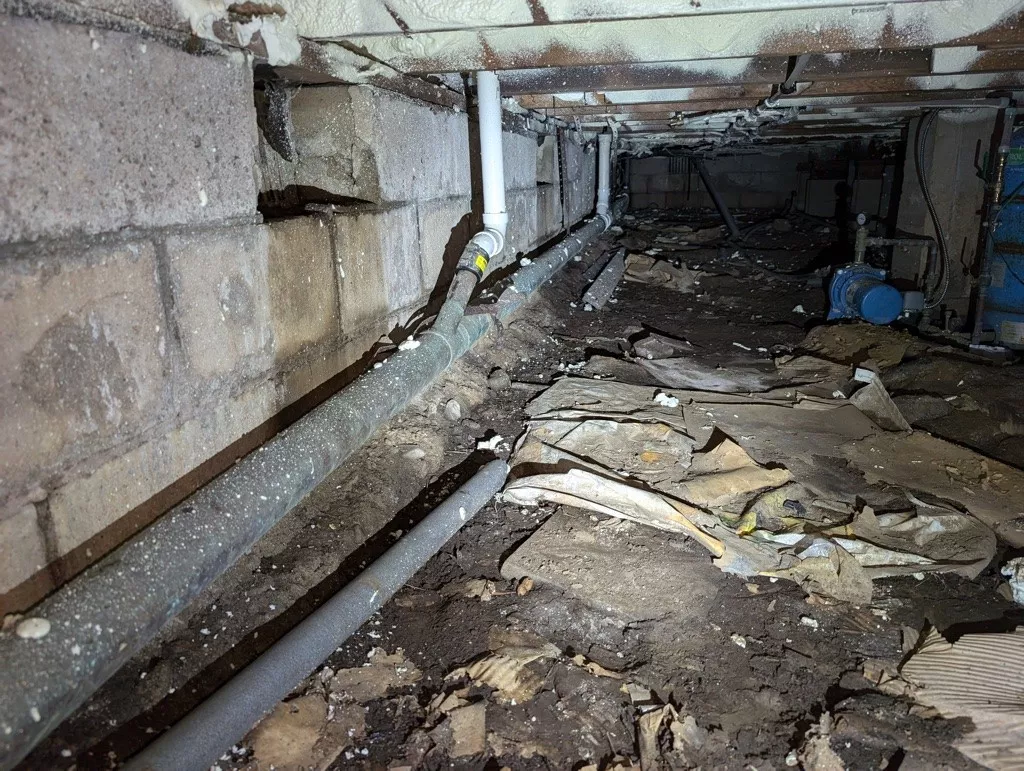 Dimly lit crawl space with exposed pipes along concrete walls, dirt floor strewn with debris, and a sense of neglect. Atmosphere is grim and cluttered.