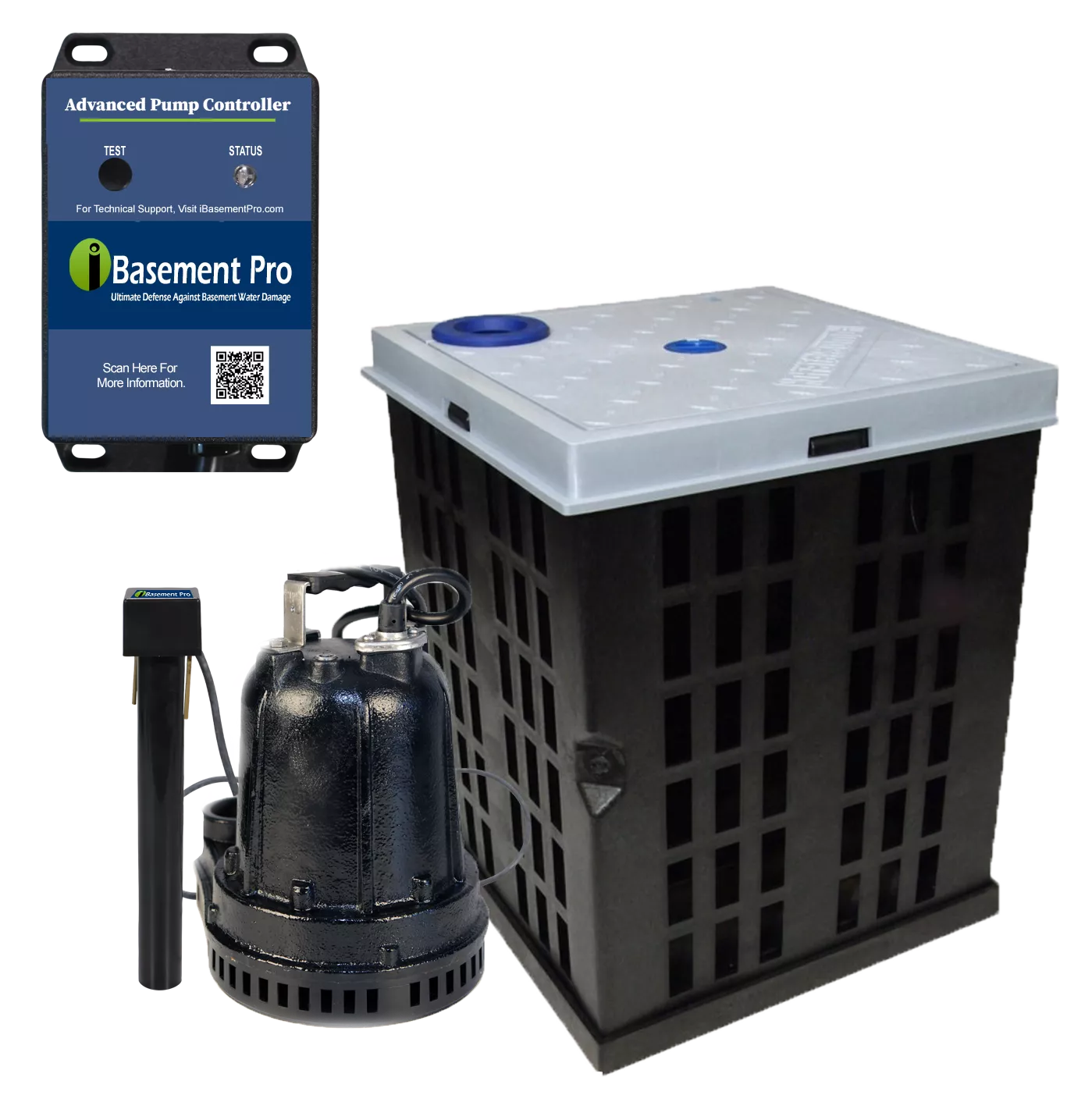 A pump system featuring a large black and gray sump basin, an advanced pump controller, and a robust submersible pump, conveys reliability and durability.