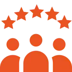 Icon depicting three figures with five orange stars above them, symbolizing customer satisfaction and high ratings.