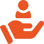 An orange hand icon holding a circular figure, symbolizing support, care, or assistance.