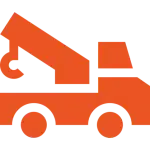 Orange crane truck icon with a large extendable arm, designed for lifting and moving heavy materials.
