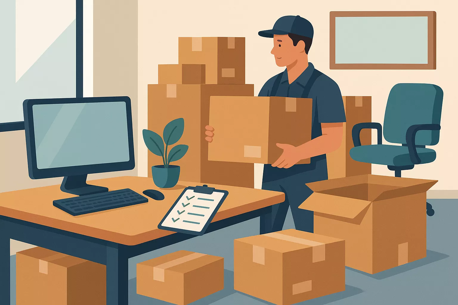 What Is Included in a Commercial Move? Complete Brooklyn Breakdown A warehouse worker organizing packages in an office setting, with a computer, clipboard, and potted plant on the desk, surrounded by cardboard boxes.