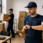 How Long Does a Commercial Move Take? Warehouse worker checking schedule on smartwatch while holding a clipboard, with moving boxes in the background.