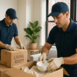 Is it worth paying for packing when moving? Brooklyn Two movers in uniforms packing items in a living room filled with cardboard boxes. One mover carefully places a bowl into a box labeled "LIVING ROOM," while the other organizes boxes nearby. The scene showcases a professional moving process in a bright, modern space.