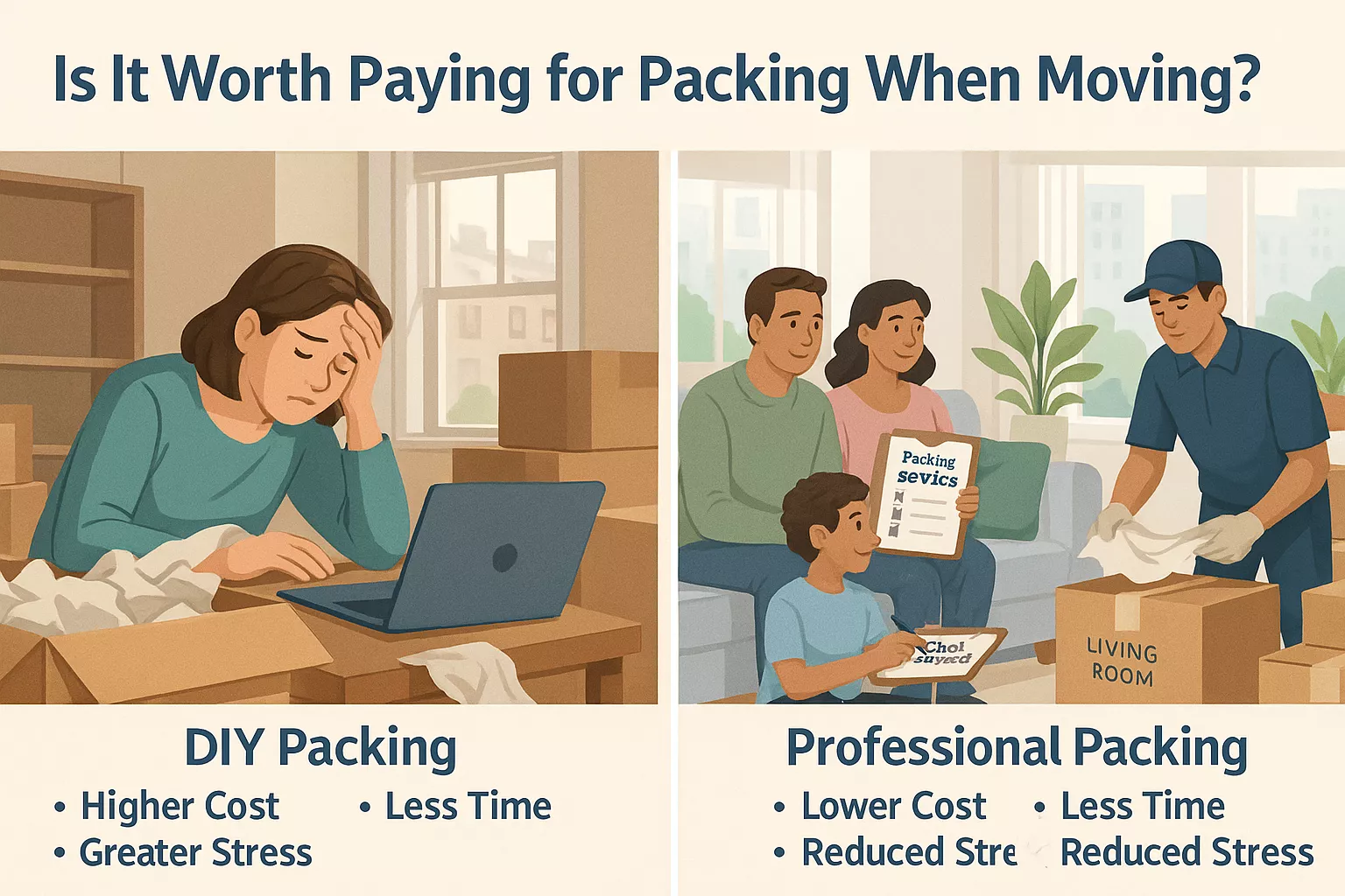 Split scene showing a stressed person packing alone and a relaxed Brooklyn family watching professional movers pack boxes.