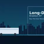 How Much Do Long-Distance Movers Cost? Hero image, long distance moving cost in Brooklyn NY with moving truck silhouette and skyline, negative space for headline