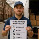 What will movers not pack? Brooklyn packing rules Mover and Brooklyn resident reviewing a printed checklist of items movers will not pack beside an open truck with boxes.