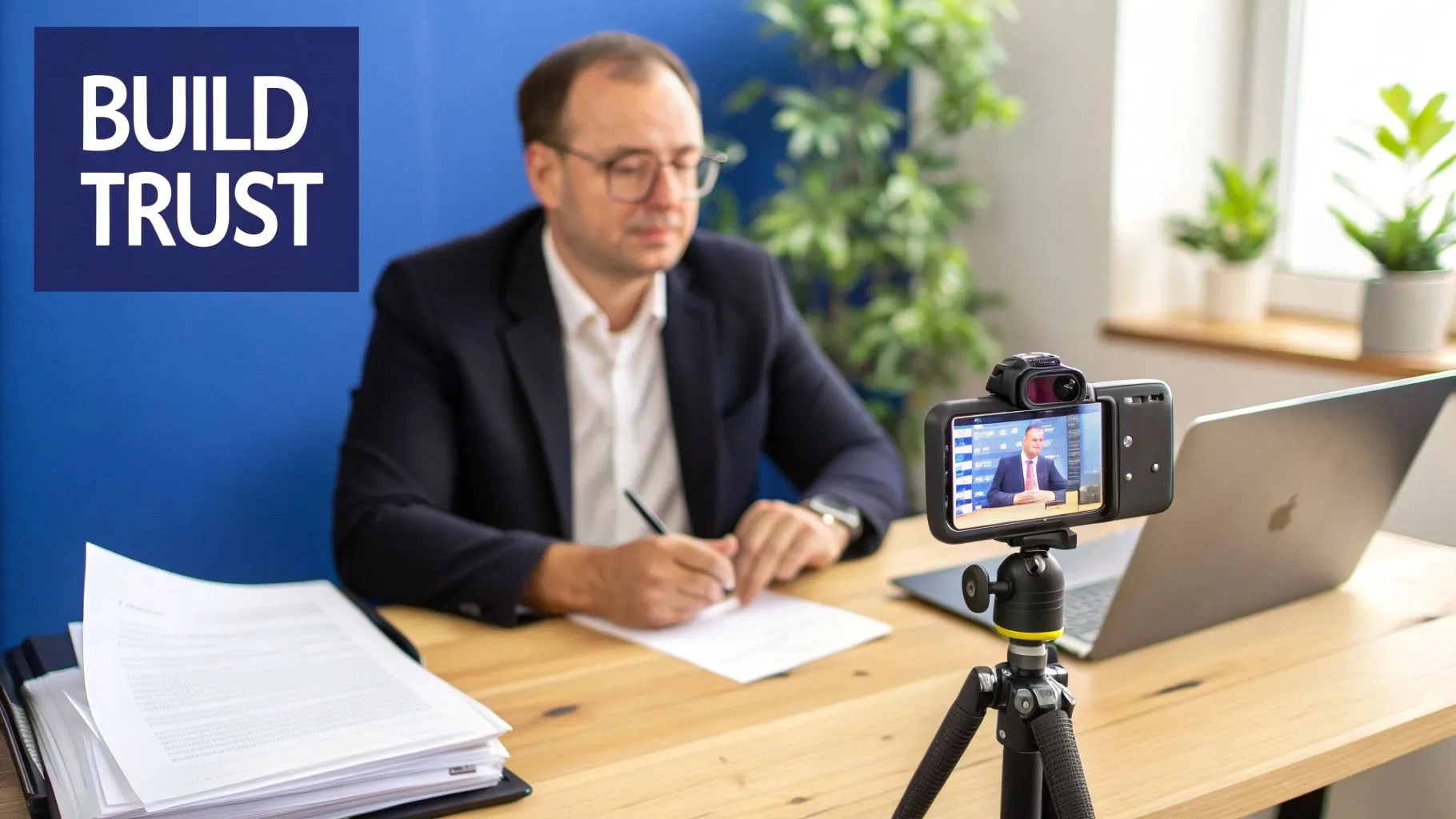 A Guide to Law Firm Social Media Marketing 3 A lawyer reviewing social media content on a tablet.